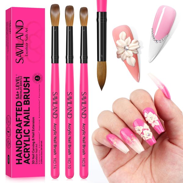 SAVILAND Acrylic Nail Brushes Set: Sizes 8, 10, 14 Nail Brushes for Professional Acrylic Powder Applications, Nails Extension, 3D Carving for Home Salon DIY Nail Art Brush Manicure Acrylic Tools Pink