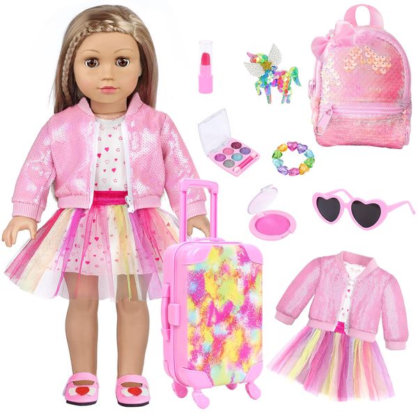 BDDOLL American 18 Inch Doll Clothes and Accessories with Travel Suitcase and Makeup fit 18 Inch Doll Includes Suitcase, Backpack, Sunglasses Lipstick, Eyeshadow Palette, Bracelet, Hair, Blusher