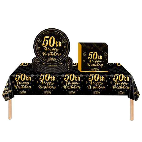 Black Gold 50th Birthday Plastic Table Cloth,Paper Plates Napkins Tableware Set,37P 50th Birthday Table Decorations Disposable Tableware Kit for Women,Men,Lady,Him,Her 50th Birthday Gifts Party Décor