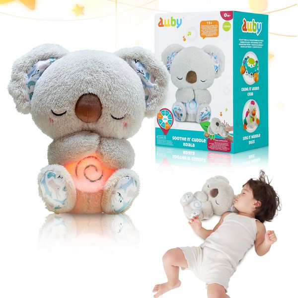 Auby Baby Toys Breathing Stuffed Animals Baby Soother with Music & Light, 5 Volume White Noise Sound Machine with Lullabies, Infant Toys Baby Boy Girl Gifts for Newborns Age 0+ Month