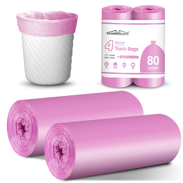 Charmount Small Trash Bags Bathroom, 4 Gallon Garbage Bags for Kitchen Bedroom, Unscented, 80 Count, Hot Pink