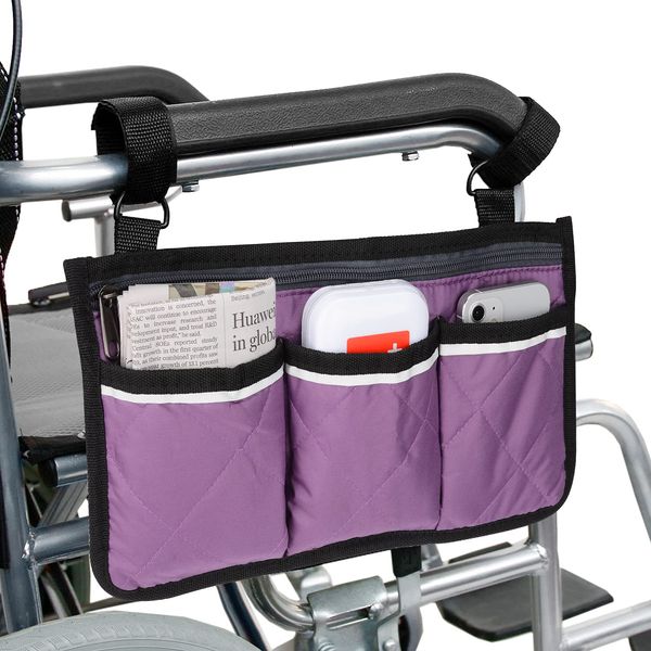 supregear Wheelchair Armrest Side Bag, Walker Organizer Bag with Reflective Stripes Waterproof Storage Pouches for Any Wheelchair, Mobility Scooter, Walker, Rollator Carry Accessories, Purple