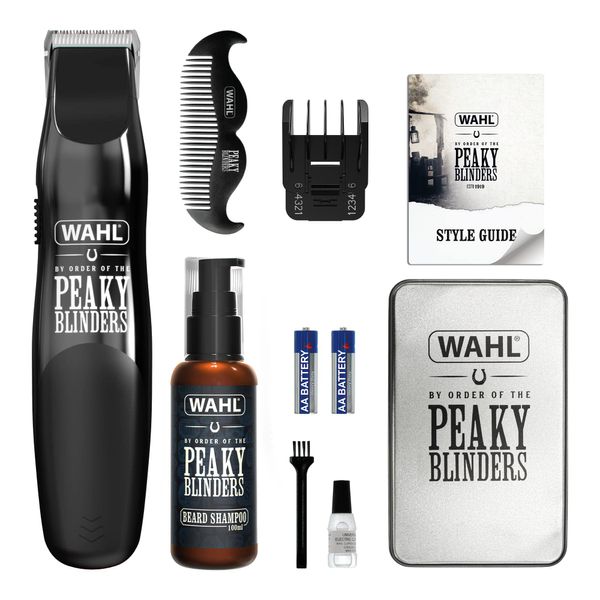 Wahl Father's Day Gift, Gifts for Dad, Wahl and Peaky Blinders Beard Trimmer Gift Set, Battery Powered Trimmer, Men’s Stubble Trimmers, Facial Hair Trimming, Beard Shampoo, Beard Care, Men’s Grooming