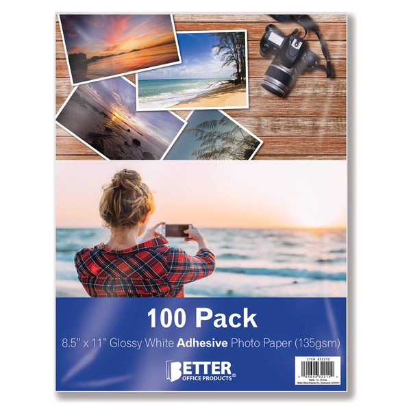 Better Office Products Self-Adhesive Photo Paper, Sticky Photo Paper, Glossy, 8.5 x 11 Inch, 100 Sheets, 135 gsm, Letter Size, 100 Count Pack