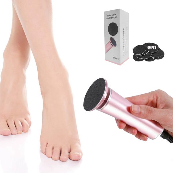 Electric Foot File Callus Remover Professional Foot File Pedicure Tools Adjustable Speed 60pcs Replacement Sandpaper disc Easy to Remove Cutin Dead Skin calluses(Rose Gold 60pcs)