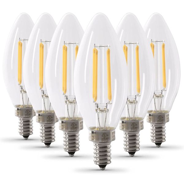 Feit Electric 60-Watt Equivalent B10 LED Light Bulb, Dimmable Enhance Glass Candelabra Filament, 500 Lumens, 13 Yrs. Lifetime, 2700K Soft White, 6-Pack - CTC60/927CA/FIL/6