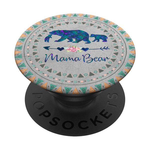 Bohemian Boho Mama Bear Two babies cubs on rustic grey PopSockets Swappable PopGrip
