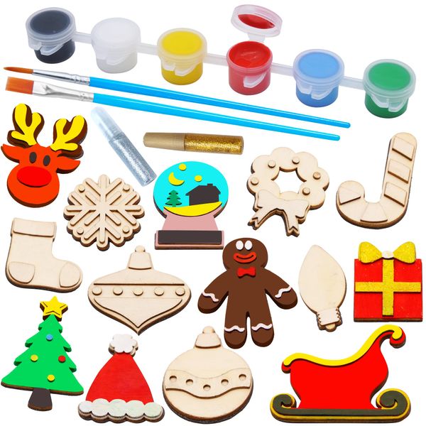 JOYIN 14 Christmas Wooden Magnet Creativity Arts & Crafts Painting Kit Decorate Your Own for Kids Paint Gift, Birthday Parties and Family Crafts, Holiday Stuffers(Age 8+)