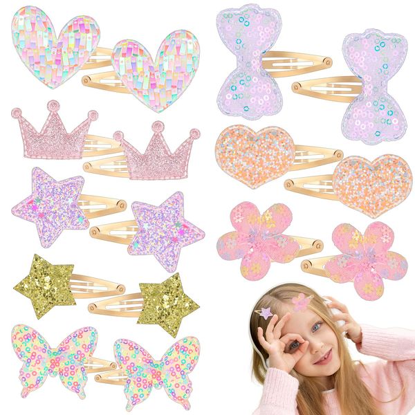 Tyqour 16 Stück Haarspangen Mädchen Glitzer, Krone Stern Herz Schmetterling Haarspangen Glitzer Haarklammern Mädchen, Haarspangen Kinder Bunt Metal Snap Barrettes for Girls, Kinder Haarschmuck