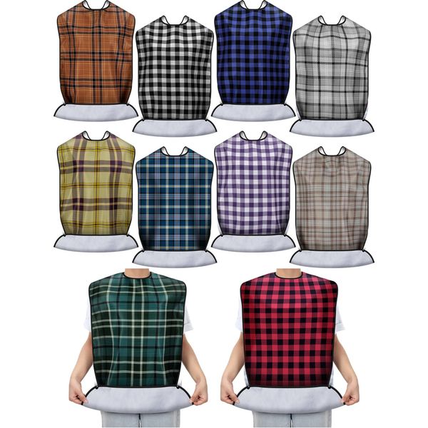 10 Pcs Adult Bib for Eating Washable Waterproof Clothing Protector with Crumb Catcher Reusable Large Bibs for Men Elderly Women Senior, Assorted Plaid Patterns Multi