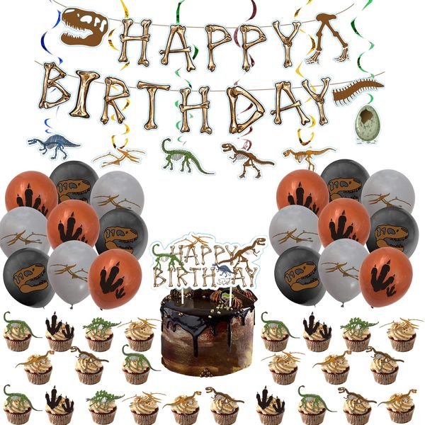 Dinosaur Fossil Birthday Party Supplies Dinosaur Fossil Party Decorations Include HAPPY BIRTHDAY Banner Balloons Spirals Cake Topper Cupcake Toppers for Dinosaur Birthday Party Decoration