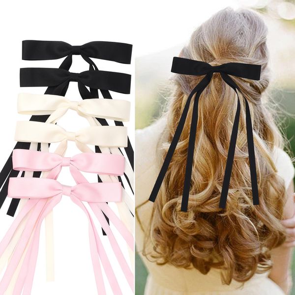 Purggy 6 Pcs Hair Bow Clips for Women Girls, Ribbon Hair Bows with Long Tail, Bowknot Tassel Claw Hair Clip for Women, Hair Barrettes with Bow Accessories（Black, pink, beige）