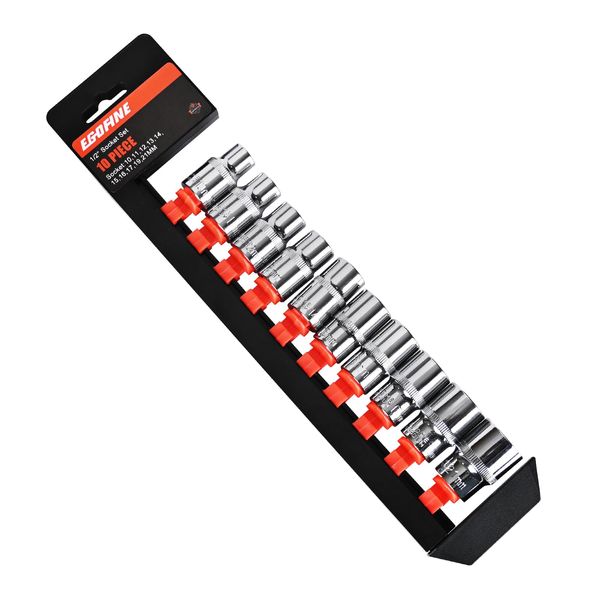 Egofine 10PCS 1/2” Drive Standard Socket Set,Shallow Socket Set,Metric Socket Set（10mm-21mm,6 Point Socket Set With Hanging Bracket,Cr-V Steel