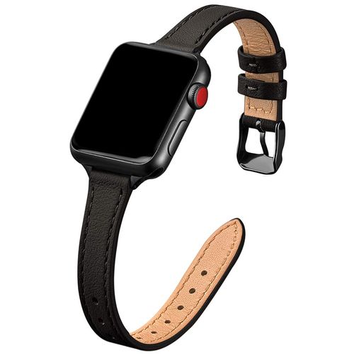 SUNFWR Compatible with Watch Strap 38 mm 40 mm 41 mm, Genuine Replacement Leather Strap, Slim and Lightweight Strap for iWatch Series Ultra/8/7/6/5/4/3/2/1, SE (Black and Black)