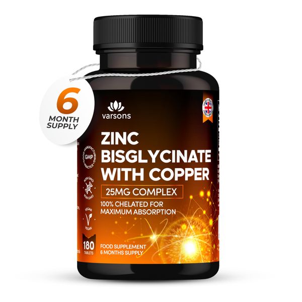 Zinc Bisglycinate 25mg with Copper, 6 Months Supply - Fully Chelated, Contributes Towards Immunity Support, Bones, Hair, Skin & Nails, Suitable for Vegans, Made in The UK