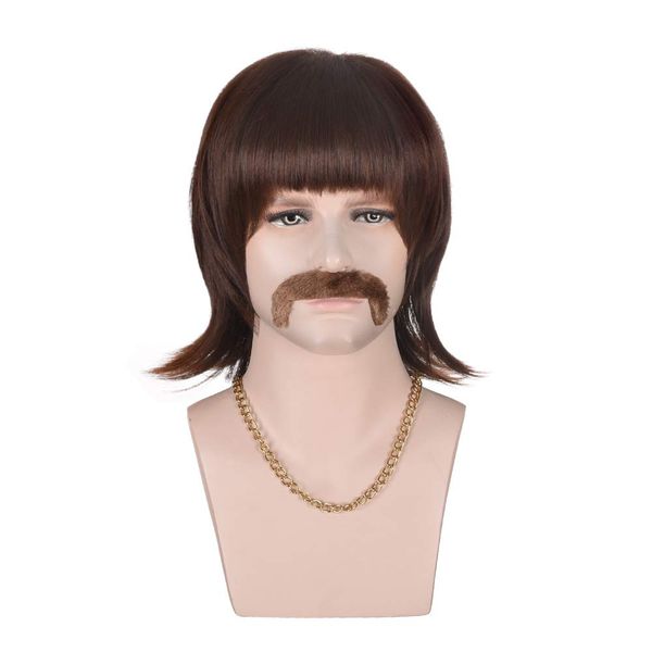 QACCF Mens Brown Hippie Wig | Mens 60s Dark Brown Halloween Costume Sonny Cher Wig and Mustache + Gold Chain