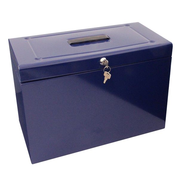 Foolscap Metal File Storage Box - Includes 5 Suspension Files, Plastic Tabs & Inserts GDPR Compliant (Blue)