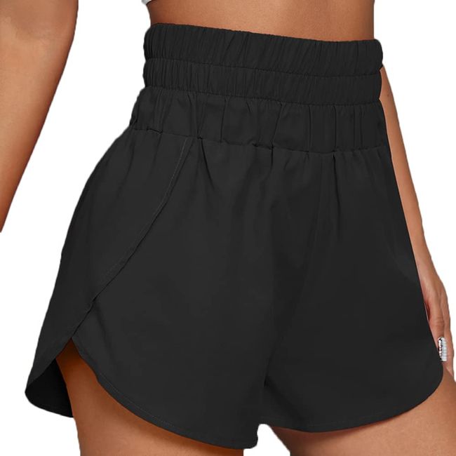 KOEMCY Shorts Damen Laufshorts Sporthosen Sommer Kurz Hose Hoch Taillierte Schnell Trocknende Sportshorts für Gym, Fitness, Laufen, Yoga, Workout, Sport (Schwarz, M)