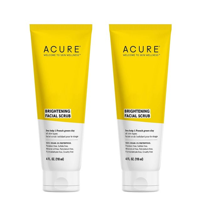 Acure Brightening Facial Scrub Duo Pack - 4 Fl Oz Each - 2 Pack - All Skin Types, Sea Kelp & French Green Clay - Softens, Detoxifies and Cleanses