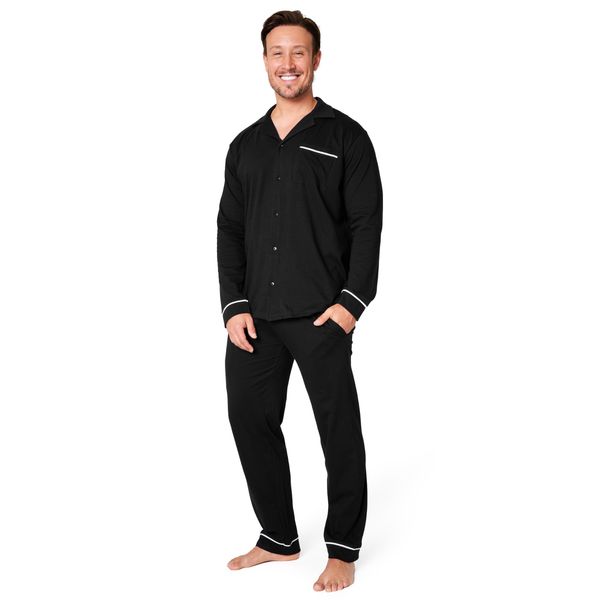 Mens Pyjamas Set - Classic Button Down Nightwear Long Sleeve & Bottoms PJs Cosy Cotton Lounge Wear M-3XL - Sleepwear Gifts for Him (Black, 3XL)