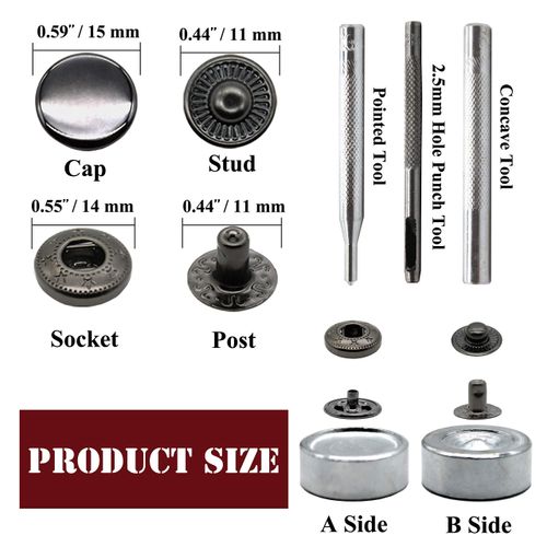 12 Sets Heavy Duty Leather Snap Fasteners Kit, 15mm Metal Snap Buttons Kit Press Studs with 4 Install Tools, Leather Rivets and Snaps for Clothing, Leather, Jeans, Jackets, Bracelets, Bags (Black)