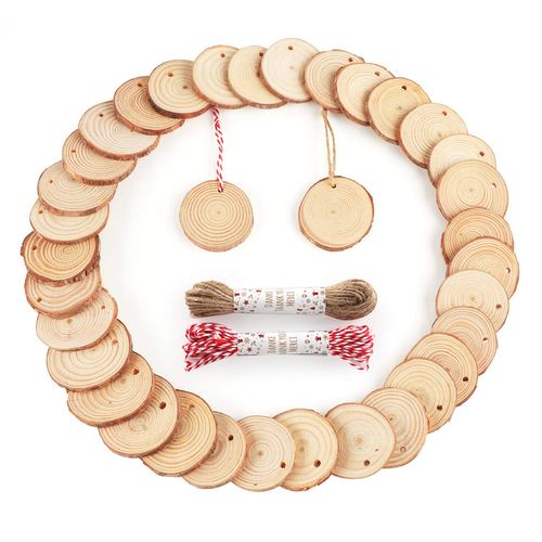 ilauke 60 Pcs Wooden Discs 4-5 cm Natural Wood Slices with Natural Jute Twine, Unfinished Predrilled Log Discs Wooden Circles for DIY Crafts Christmas Decorations Ornaments