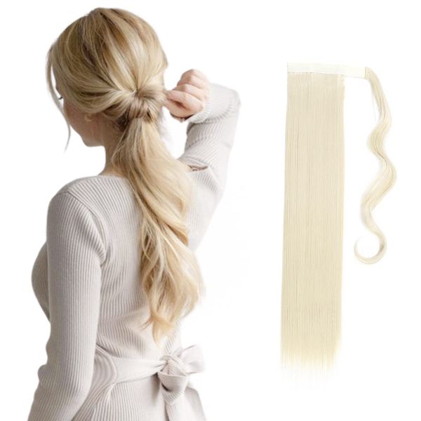 23" Long Straight Wrap Around Ponytail Clip in Hair Extensions One Piece Hairpiece Magic Tape in Pony Tail Extension for Women Bleach Blonde