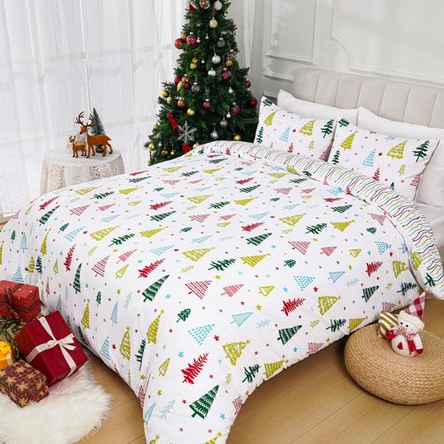 Invoibler Christmas Duvet Cover Set King Xmas Tree Comforter Cover 3 Pcs Snowflakes Stars Bedding Duvet Cover Soft Microfiber Quilt Cover with Zipper Closure (1 Duvet Cover, 2 Pillow Shams)