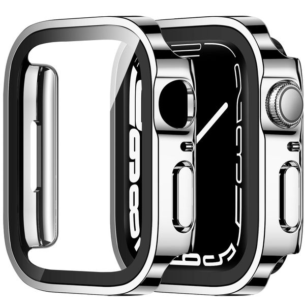 ZZDZZ 2 Pack Hard PC Case Compatible with Apple Watch Case 41mm Series 9/8/7 with Tempered Glass Screen Protector, Ultra-Thin Straight Edge Protective Cover for iWatch 41mm (Silver/Silver)