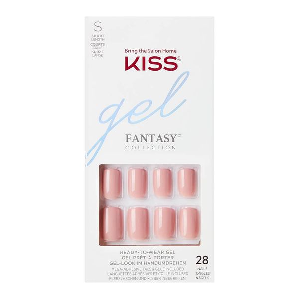 KISS Gel Fantasy Collection Glue-On Manicure Kit, Ribbons, Short Length Square Fake Nails Includes 28 False Nails, Nail Glue, Nail File, and Manicure Stick