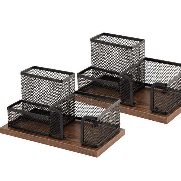 Antique Wood & Mesh Pen Holder Office Supplies Caddy, Storage Baskets for Desktop Accessorieswith Sticky Notes Holder,3 Compartments（2 Pcs Black）