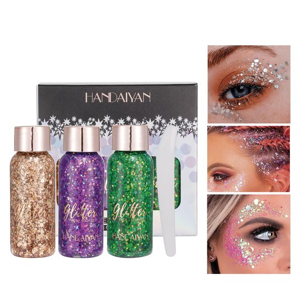 3 PCS Glitzer Gesicht Body Glitter Gel, Glitzer Schminke, Highlighter Powder Body, Festival Glitter Gesicht für Haare Nägel Face Make Up, für Gesicht Haare Lippen Nägel Kosmetik Festival Party(03)