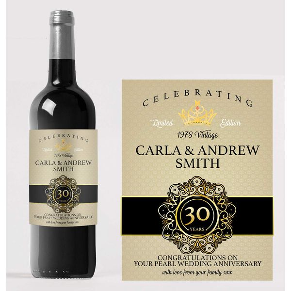 Personalised 30TH Pearl Anniversary Wine Bottle Label, Any Wording