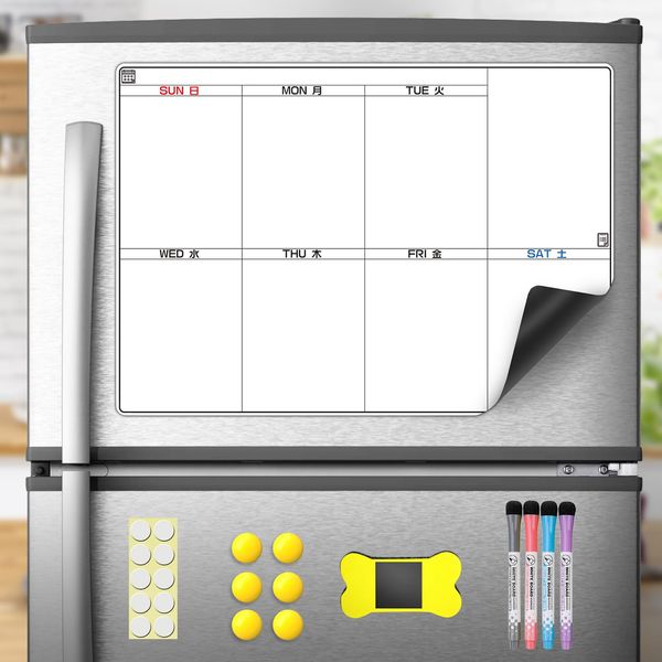 Dry Erase Refrigerator Magnetic Sheet Calendar, Easy to Erase, Peel and Stick on Wall, Supports Bulletin Boards, Schedules, Memos, A3 Size (Weekly Calendar)