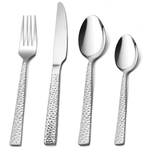 Herogo 16 Piece Cutlery Set, Stainless Steel Flatware Silverware Set for 4 People, Hammered Knife Fork Spoon for Home Hotel Restaurant, Mirror Polished & Dishwasher Safe