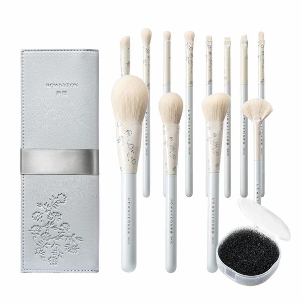 Rownyeon Makeup Brush Set, 12 Pieces, Soft, Premium Fiber Hair, Portable, Powder Filling, Makeup Brush, Makeup Brush, Makeup Pouch Included, Makeup Brush Cleaner, Sponge Included, For Beginners, Suitable for Sensitive Skin, Gift, Blue Flower Series