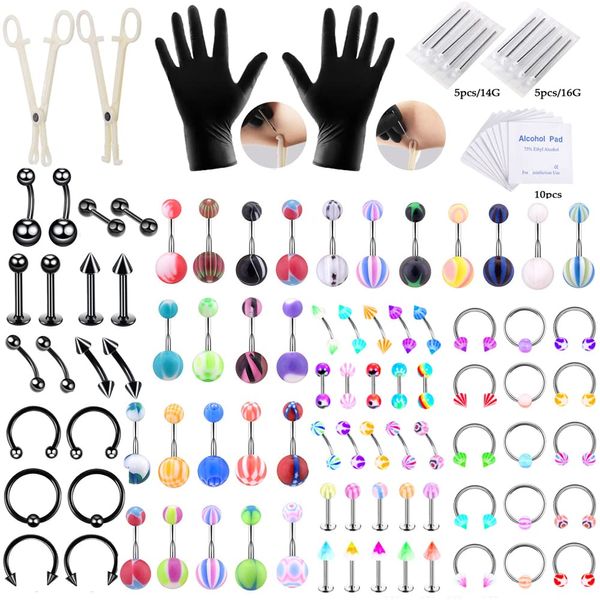 Professional Piercing Kit Stainless Steel Body Piercing Jewelry Tongue Tragus Cartilage Eyebrow Nose Ring Lip Piercing Needles Body Jewelry 14G 16G (black&acrylic)