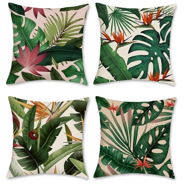 Bonhause Tropical Leaves Cushion Covers 45 x 45 cm Green Leaf Plant Decorative Throw Pillow Covers Polyester Linen Pillowcases for Sofa Patio Garden Outdoor Decor Set of 4