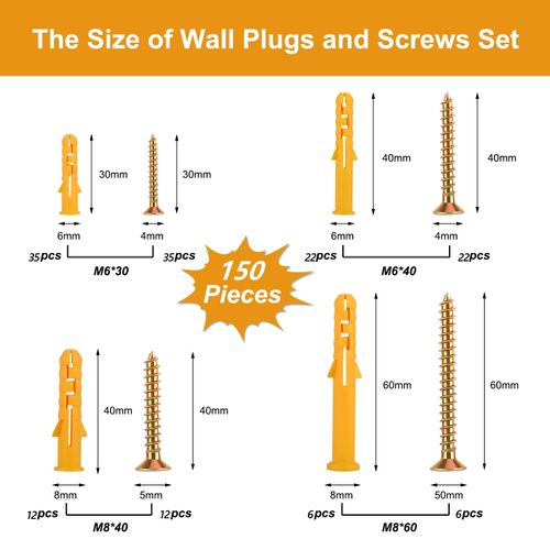 150 Pcs Wall Plugs and Screws Set (75 Masonry Self Tapping Screws, 75 Expansion Pipe Anchor Bolts), 4 Size Fixings Plugs Assortment Kit,Screws and Rawl Plugs for Brick, Concrete, Masonry, Drywall