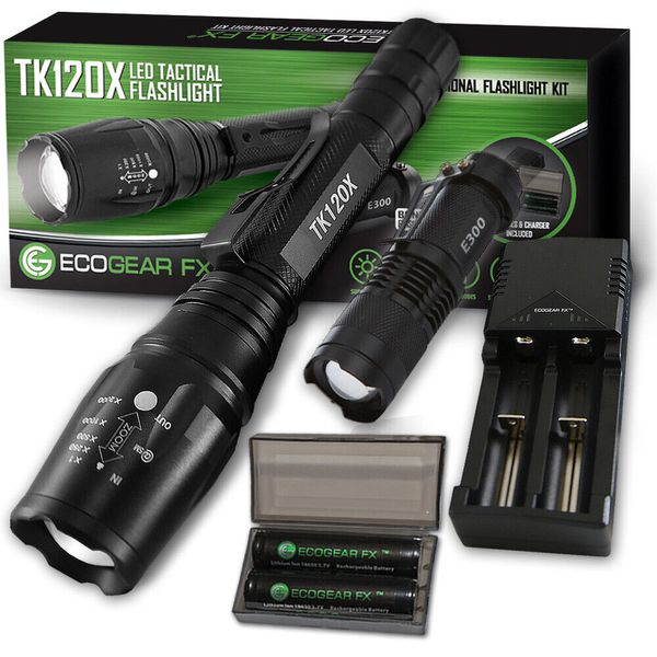 LED Tactical Flashlight with Holster Charger and Batteries Bonus Mini Flashlight