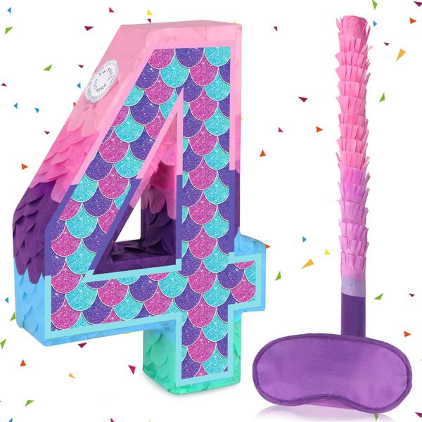 Mermaid Number 4 Pinata Digital Birthday Party Colorful Paper Flaver Anniversary Celebration Girl Children's Ocean Mermaid Theme Carnival Event Decoration (Number 4)