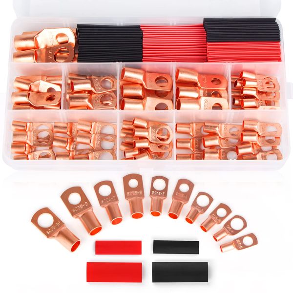 Copper Wire Lugs,Terminal Connectors,Used on AWG12 10 8 6 4 2 Cable,Heat Shrink Set,Bare Copper Eyelets,Ring Terminals Connectors,64Pcs Battery Cable Lugs Ends and 66Pcs Heat Shrink Tubing (130PCS)