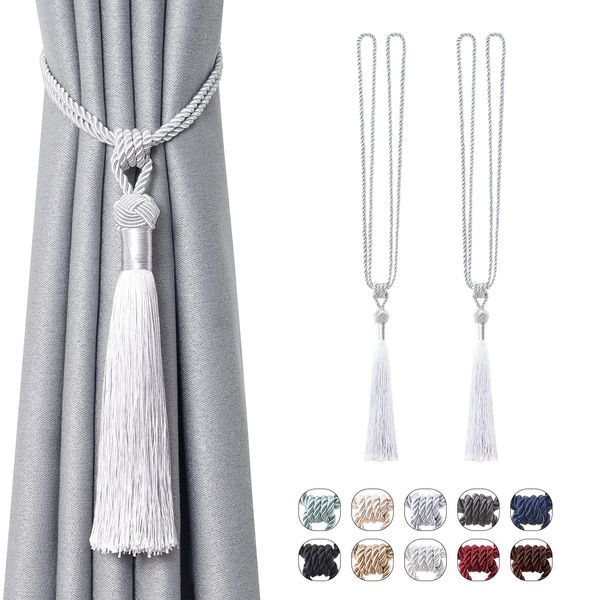 Pretty Jolly 2 Pack Long Tassel Curtain Tiebacks Handmade Braided Rope Knot Drape Tie Backs European Style Decorative Curtain Holdbacks for Home & Office Window Drapery (Silver Grey)