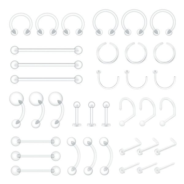 PiercingArt 36pcs Clear Piercing Retainers Plastic Piercing Jewelry Clear Tongue Nipple Nose Eyebrow Septum Belly Rings Facial Earring Tragus Lip Labret Studs Industrial Bars For Surgery