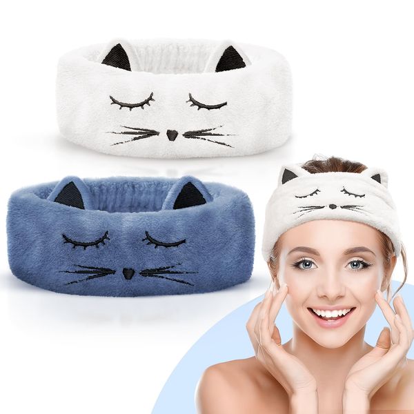 EIDDIZZ 2 PCS Headband for Washing Face, Girls Makeup Headbands Cat Ear Spa Headband, Microfiber Women Skincare Headband for Facial Clean, Spa Headband for Washing Face (White Blue)