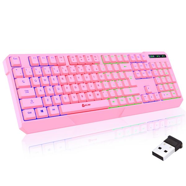 KLIM Chroma Wireless Gaming Keyboard RGB - New Version 2024 - Long-Lasting Rechargeable Battery - Quick and Quiet Typing - Water Resistant Backlit Wireless Keyboard for PC PS5 PS4 Xbox One Mac - Pink