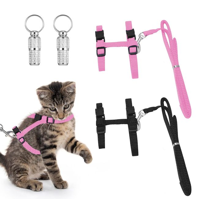 Adjustable Harness Cat Lead, Pack of 2 Cat Vest with Lead and 2 Pet ID Tag, Adjustable Nylon Harness, Cat Lead, Escape-Proof Cat Vest, Cat Harness, for Small Cats and Rabbits, Pink