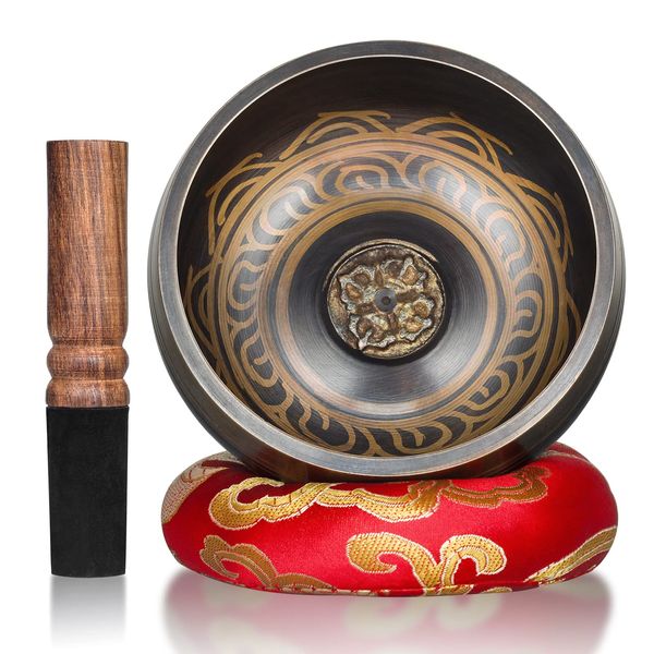 Rovtop Tibetische Klangschale Set, 12cm. Himalaya-Singing Bowl Groß, Handgefertigte Klangschalen mit Klöppel und Kissen, Klangschalenkissen für Yoga/Meditation/Klangheilung/Entspannung aus Tibet