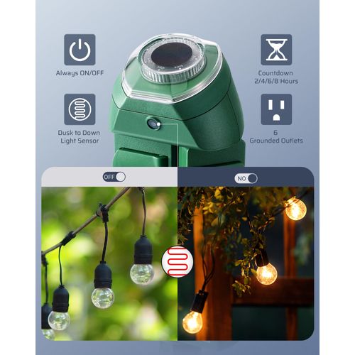 DEWENWILS Outdoor Power Strip Timer with Photocell, Yard Stake Timer Dusk to Dawn, Weatherproof Countdown Light Timer, 6 Outlets 10ft Cord for Outdoor Lights, Decor, 1875W/15A UL Listed