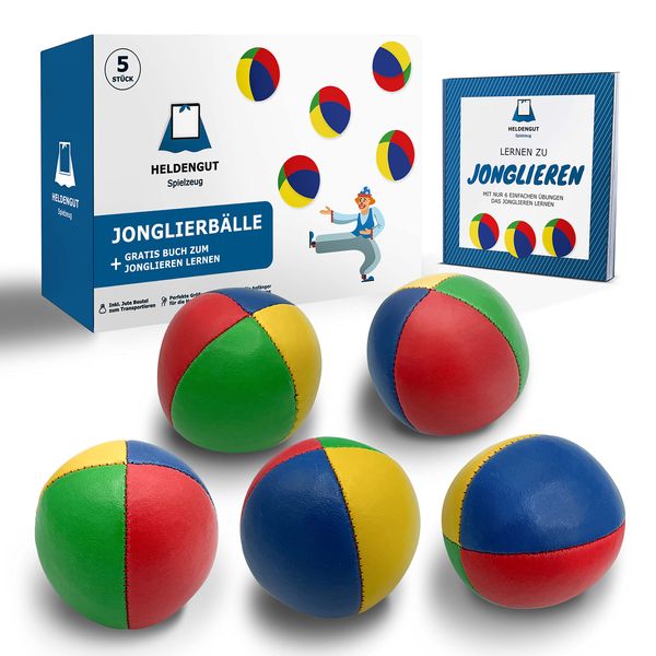 HELDENGUT [5X] geliebte Jonglierbälle für Kinder, Erwachsene, Anfänger & Profis - Perfekt ausbalancierter Jonglierball zum optimalen Jonglieren - Juggling Balls inkl. Jonglierbuch